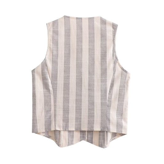 Gia | Striped Linen Waistcoat Beige Grey Button Front V Neck Sleeveless