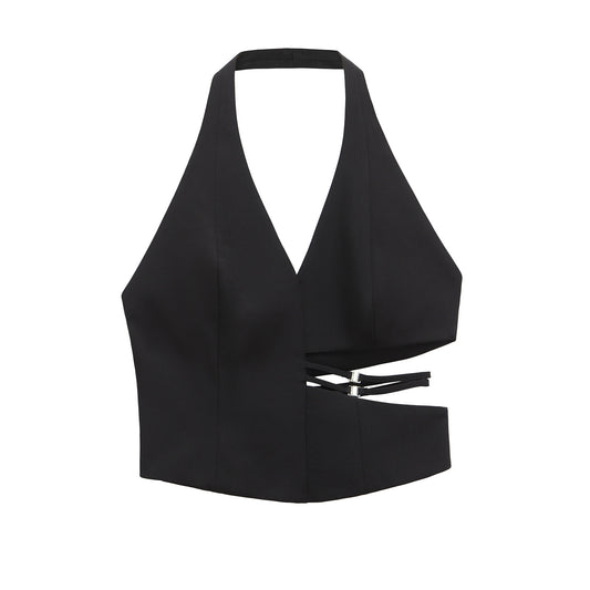 Viola | Halter Neck Top Black Cut Out V Neck Sleeveless