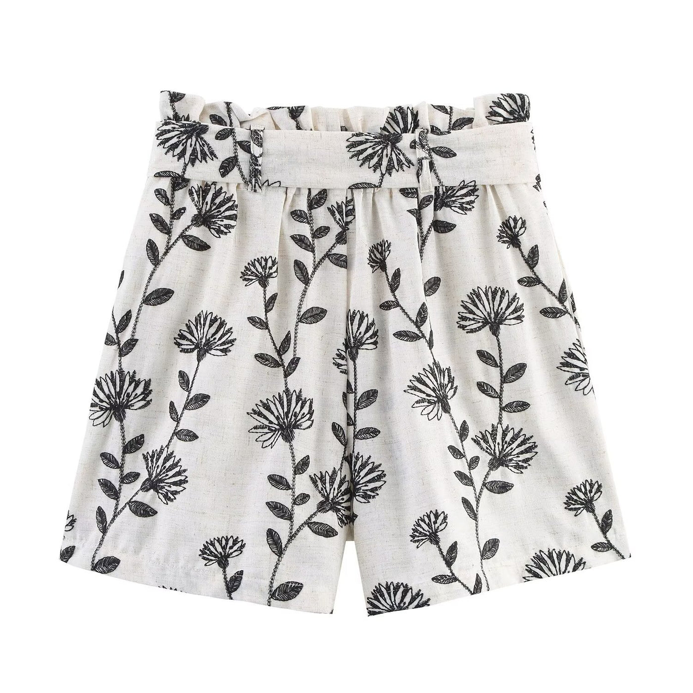 Zoe | Floral Print Paperbag Waist Linen Shorts with Tie Belt