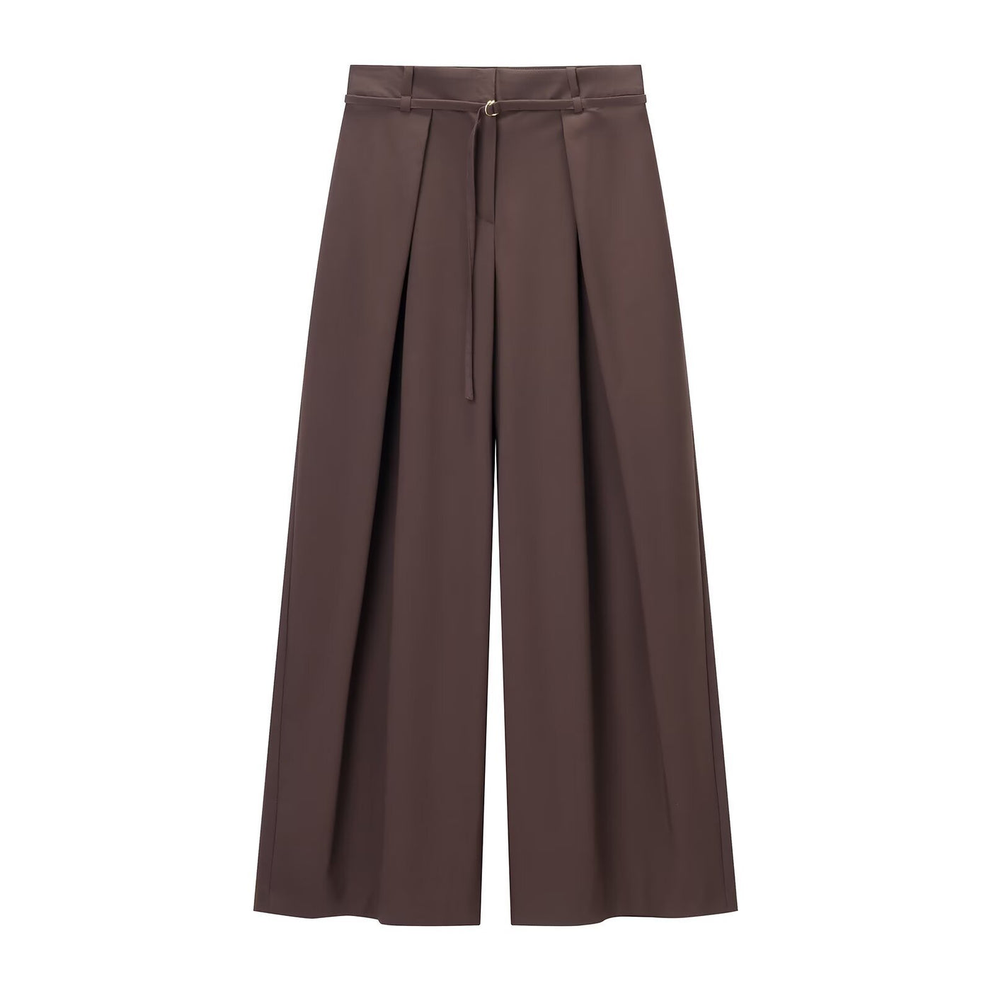 Ivy | High-Waist D-Ring Belt Deep-Pleat Wide-Leg Trousers in Brown