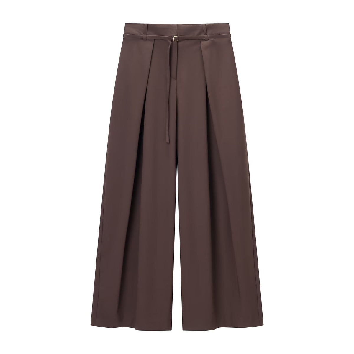 Ivy | High-Waist D-Ring Belt Deep-Pleat Wide-Leg Trousers in Brown