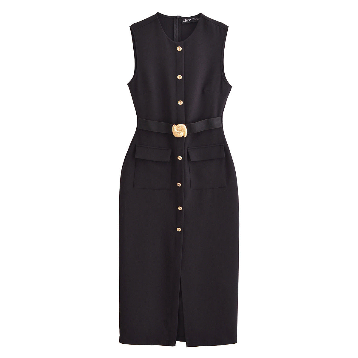 Ottilie | Gold Button Front Belted Patch Pocket Sleeveless Midi Shirt Dress