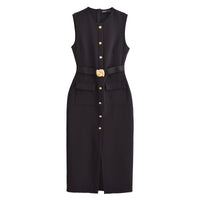Ottilie | Gold Button Front Belted Patch Pocket Sleeveless Midi Shirt Dress