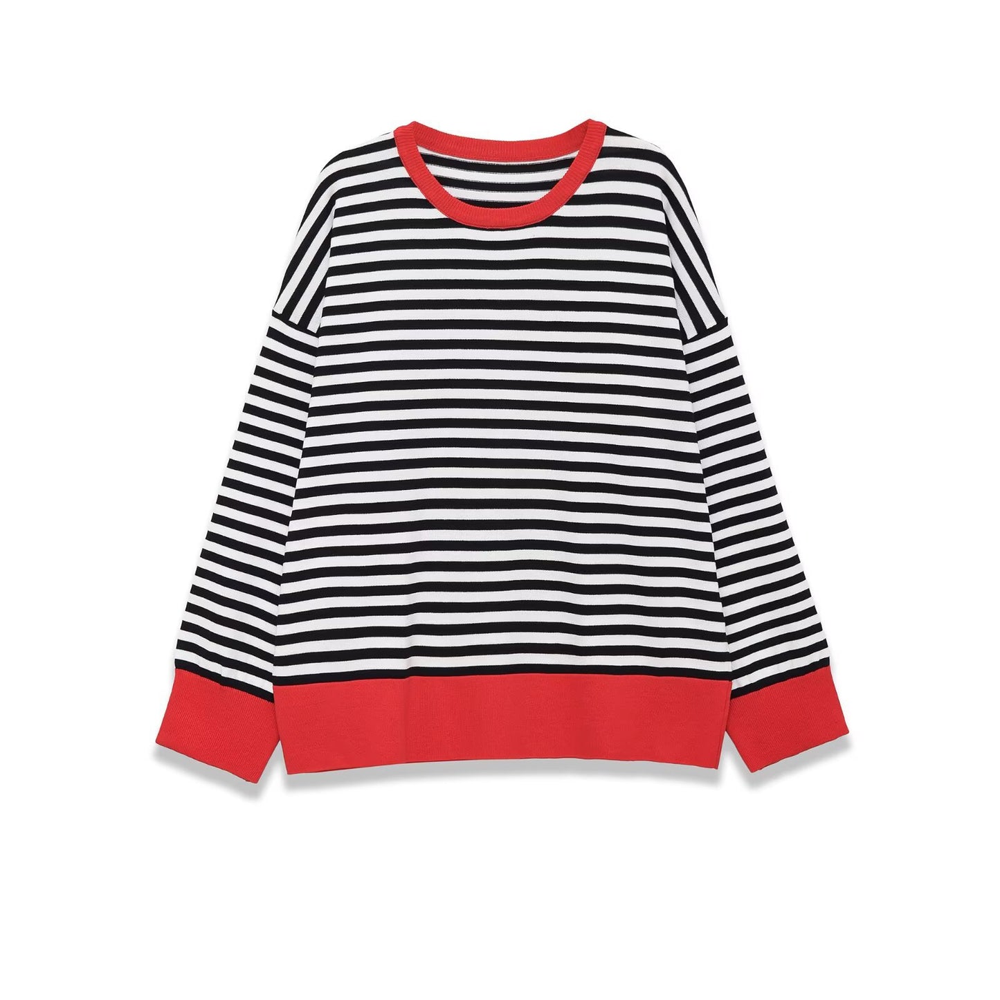 Lara | Striped Long Sleeve Top Red Trim Oversized Crew Neck Cotton