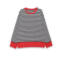 Lily | Stripe Print Red Ribbed Trim Dropped Shoulder Relaxed Knit Top