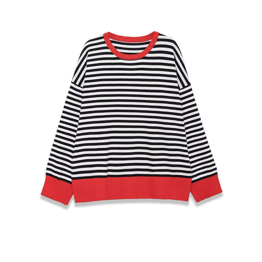 Lara | Striped Long Sleeve Top Red Trim Oversized Crew Neck Cotton