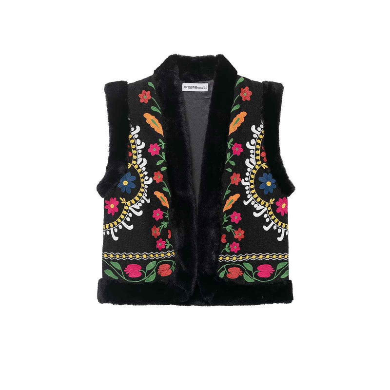 Sia | Embroidered Faux Fur Vest Black Sleeveless Floral