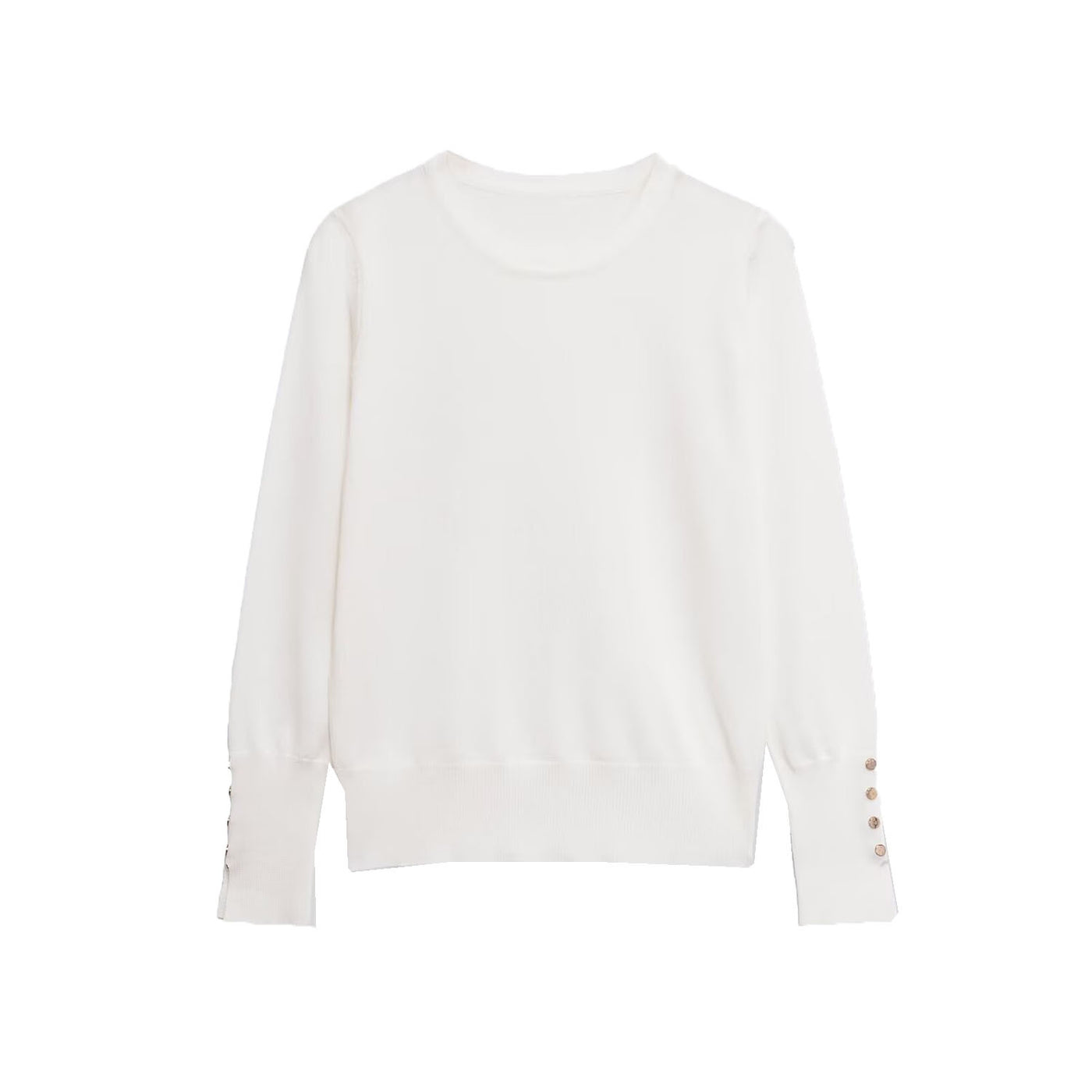 Bella | Gold Button Cuff Crew Neck Long Sleeve Fitted Lightweight Knit Top