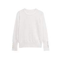 Bella | Gold Button Cuff Crew Neck Long Sleeve Fitted Lightweight Knit Top