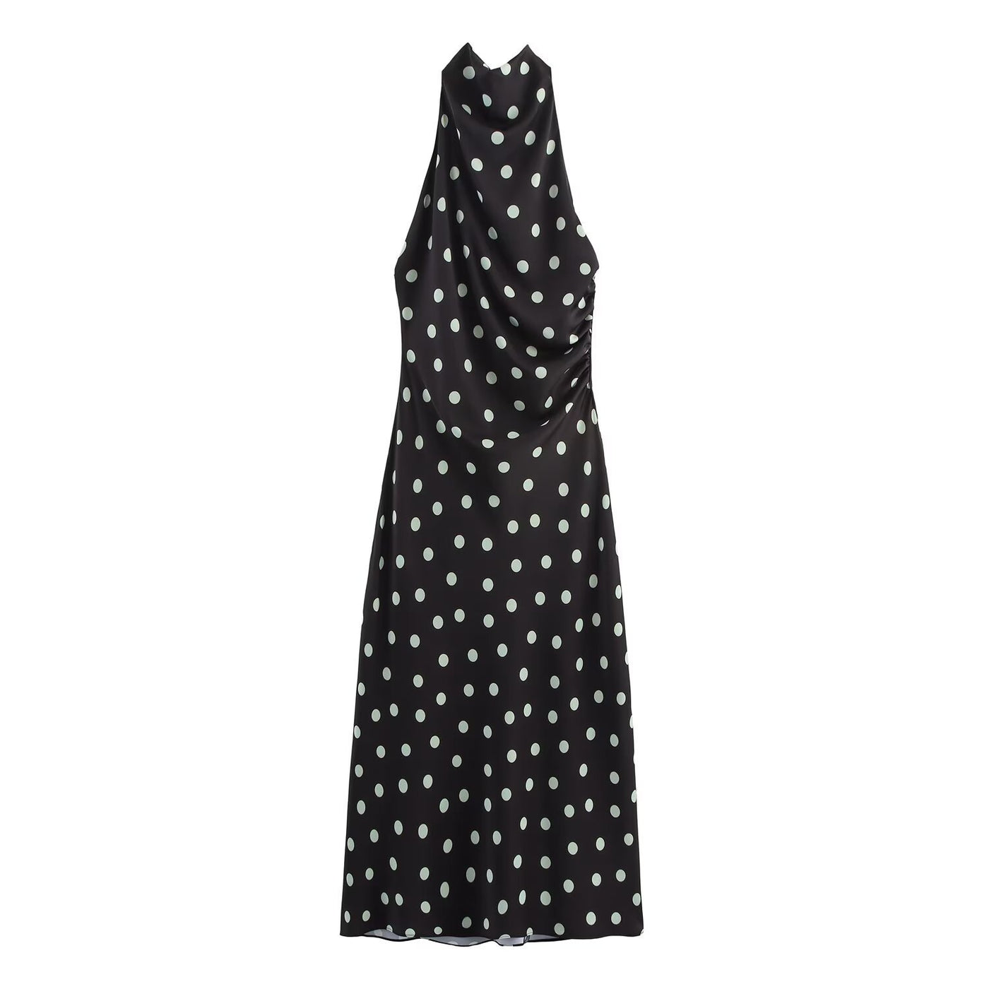 Caitlin | Polka Dot High Halter Neck Satin Maxi Dress