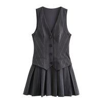 Rebecca | Pinstripe V-Neck Waistcoat and Pleated Mini Skirt Matching Set