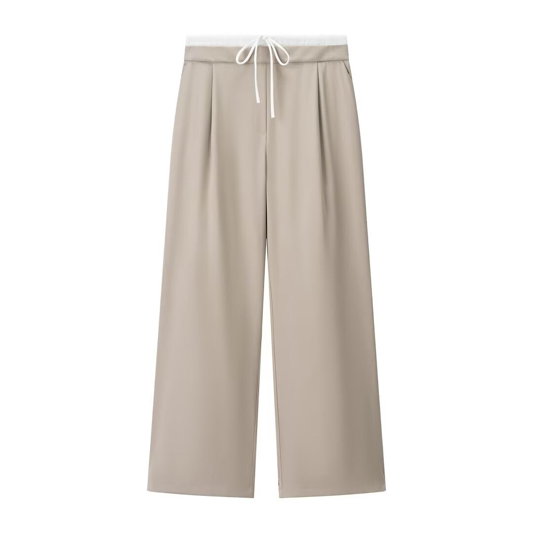 Rosie | Drawstring Pleat-Front Jersey Wide-Leg Trousers with Contrast Waistband