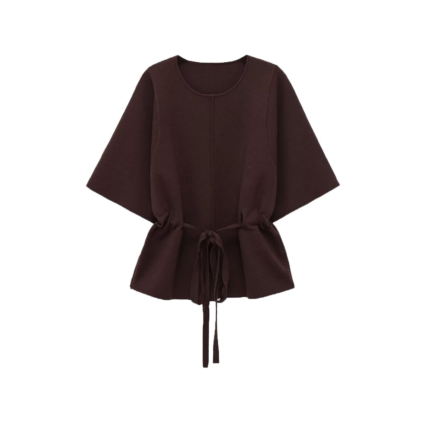 Suki | Elegant Belted Blouse Brown Linen Short Sleeve Tie Waist