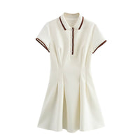 Tessa | Stripe Polo Collar Button Placket Pleated Skirt A-Line Mini Shirt Dress