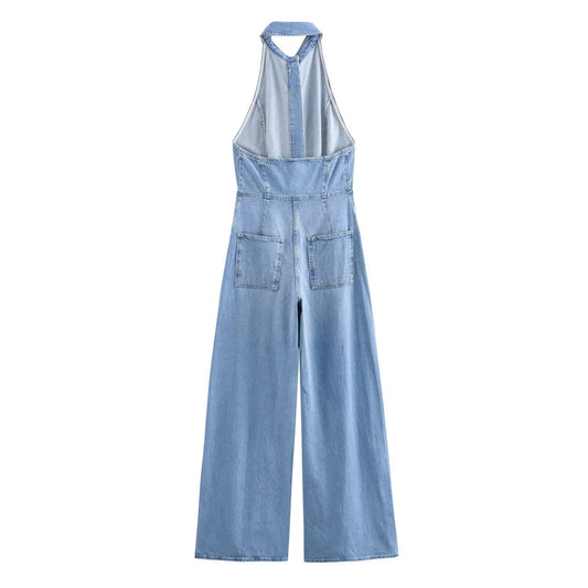 Marin | Denim Shirt Jumpsuit Light Blue Halter Neck Wide Leg