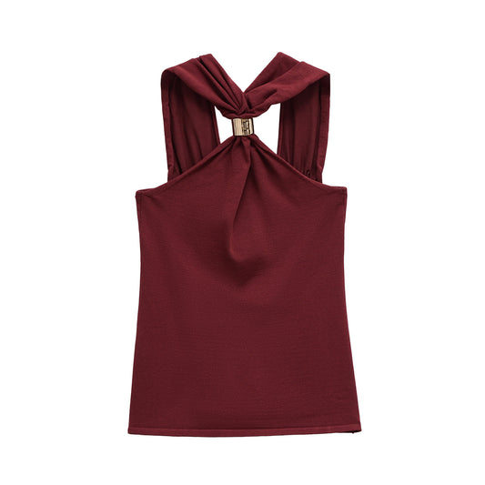 Edie | Elegant Halter Neck Top Burgundy Sleeveless Twist Front