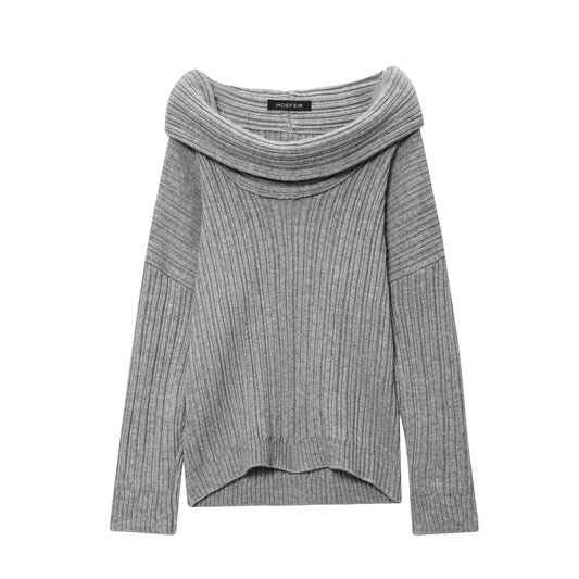 Ada | Off Shoulder Knitted Top Grey Long Sleeve Ribbed