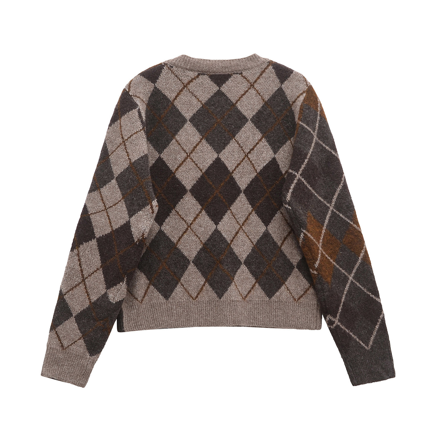 Ivy | Argyle Pattern Crew Neck Button Front Ribbed Trim Cropped Knit Cardigan