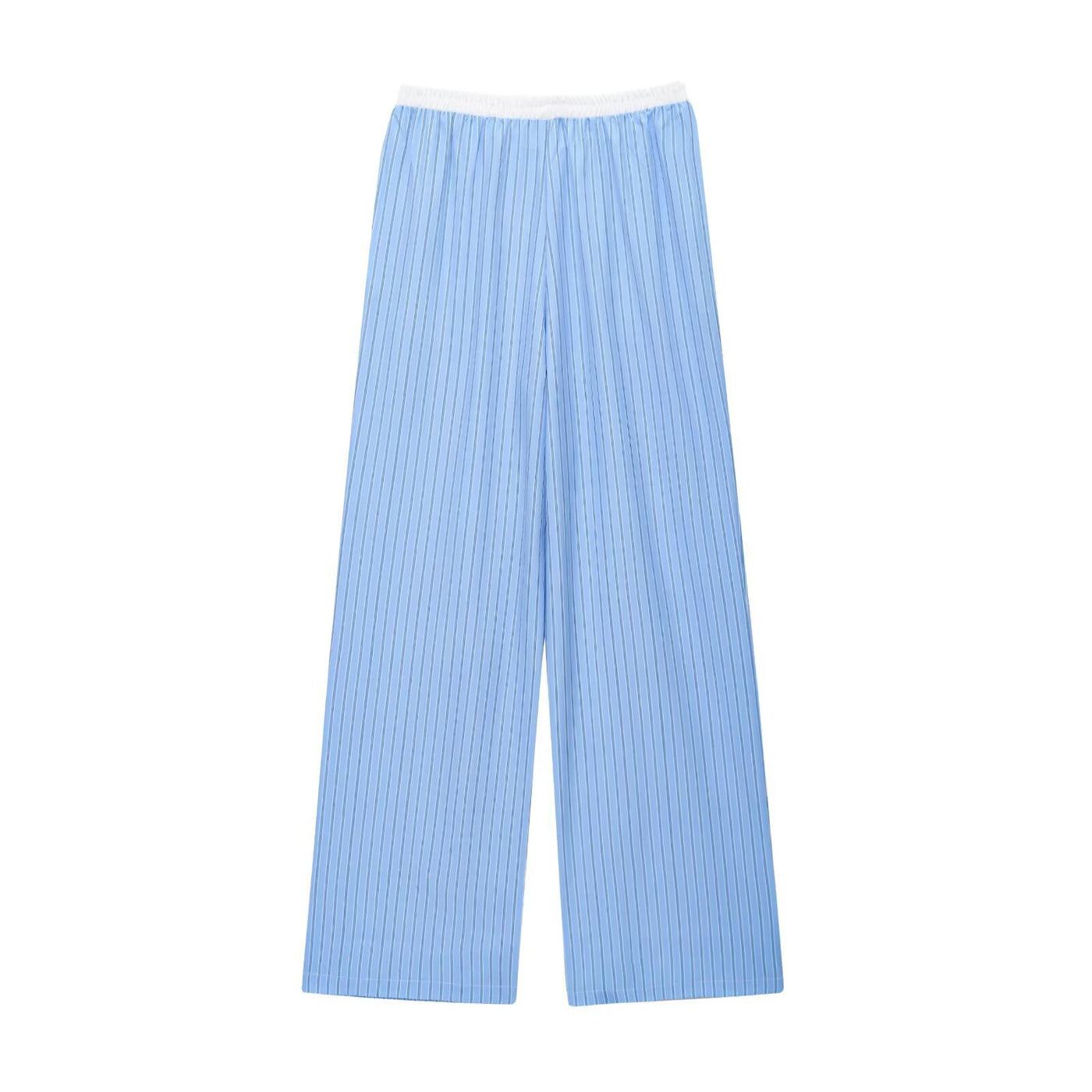 Mary | Stripe Contrast Waistband Button Fly Wide-Leg Cotton Trousers