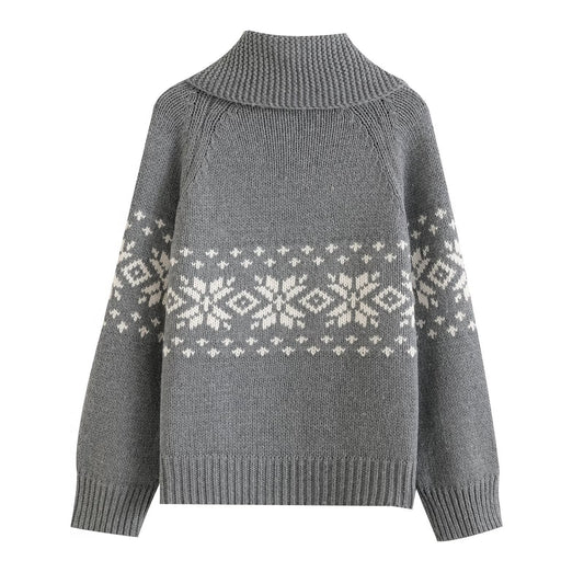 Lux | Winter Snowflake Zip Cardigan Grey White Knitted