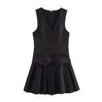 Rebecca | Pinstripe V-Neck Waistcoat and Pleated Mini Skirt Matching Set