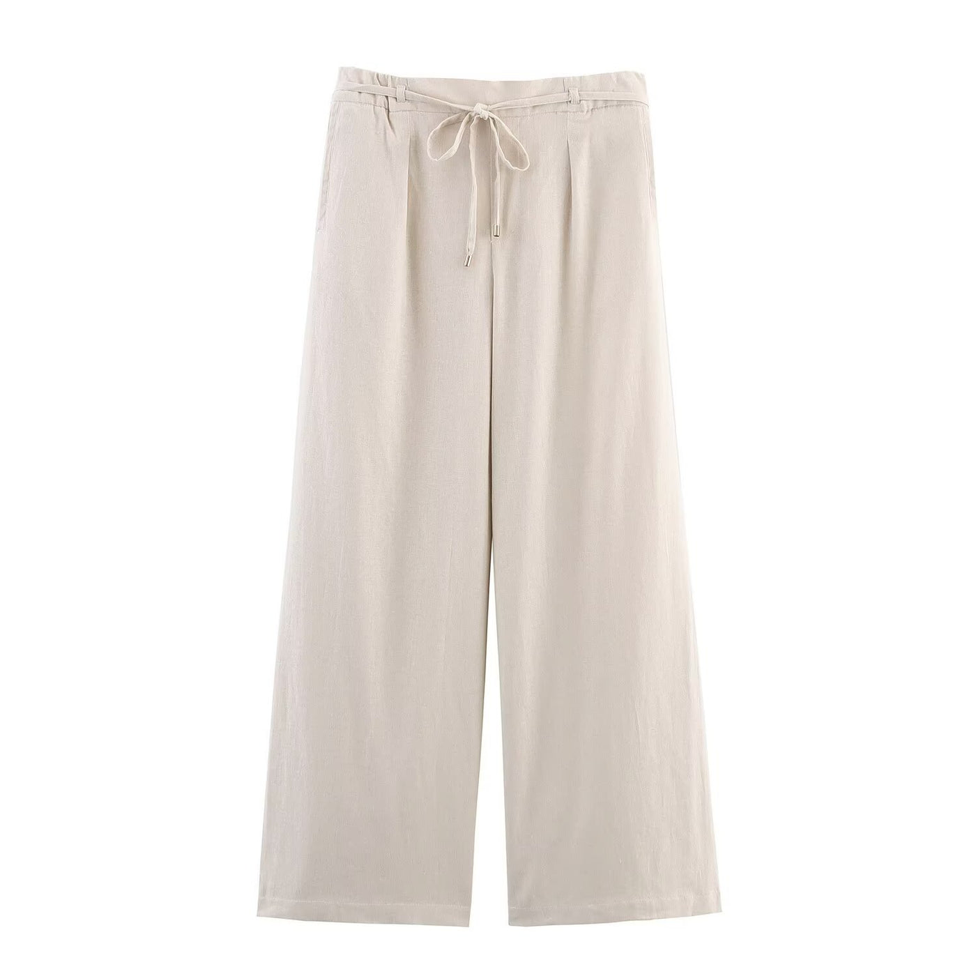 Francesca | Drawstring Pleat Side Pocket Wide-Leg Linen Trousers in Beige and Army Green
