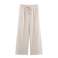Francesca | Drawstring Pleat Side Pocket Wide-Leg Linen Trousers in Beige and Army Green
