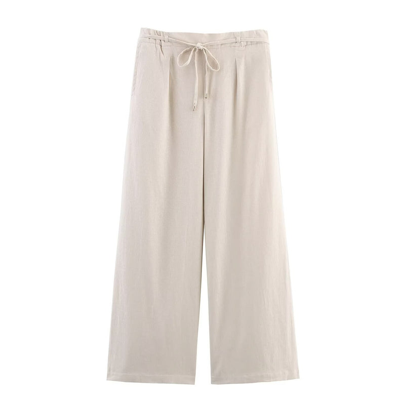 Hazel | Casual Wide Leg Linen Trousers Cream Drawstring