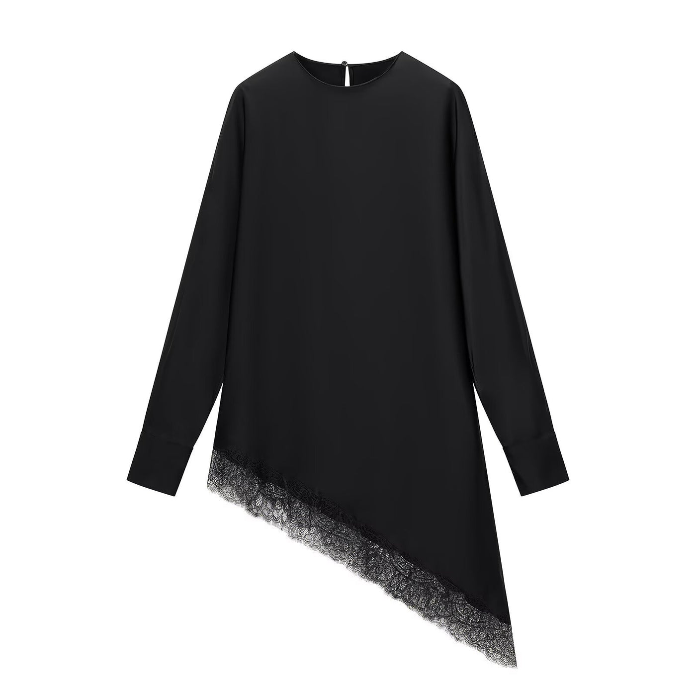 Lydia | Black Satin Lace Trim Tunic Top