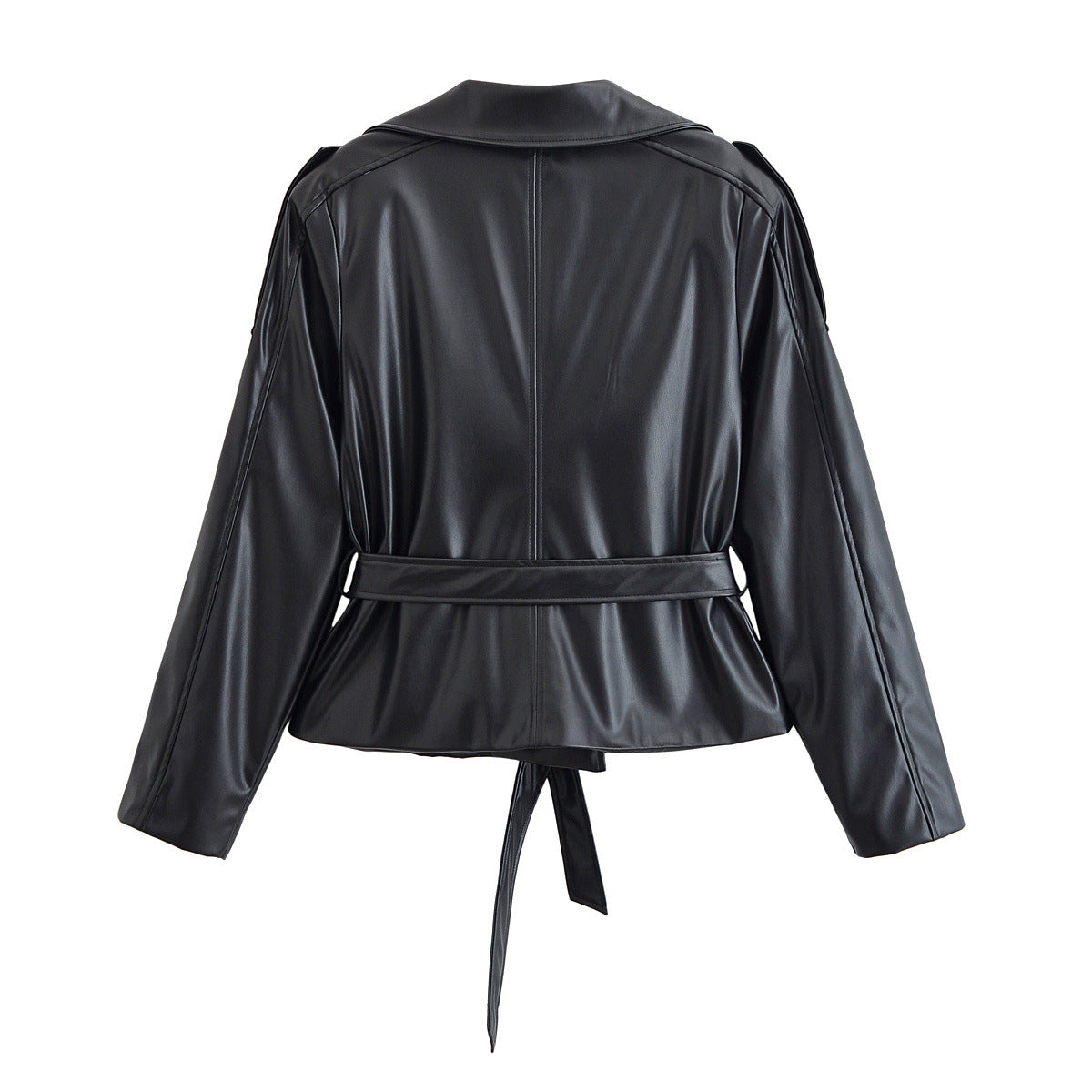 Mia | Belted Leather Jacket Black Fitted Long Sleeve