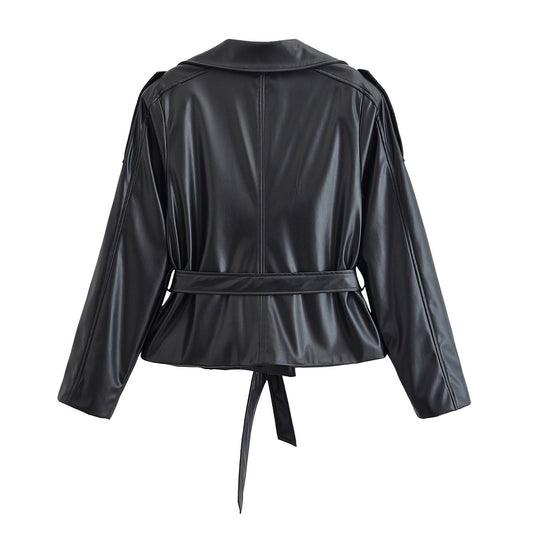 Vera | Belted Faux Leather Jacket Black Long Sleeve Fitted