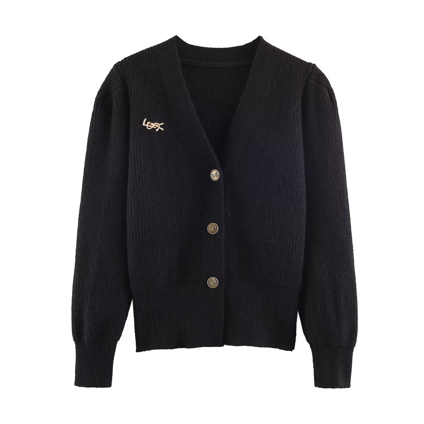 Grace | V-Neck Button-Front Puffed Shoulder Ribbed Knit Cropped Cardigan