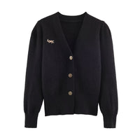 Grace | V-Neck Button-Front Puffed Shoulder Ribbed Knit Cropped Cardigan