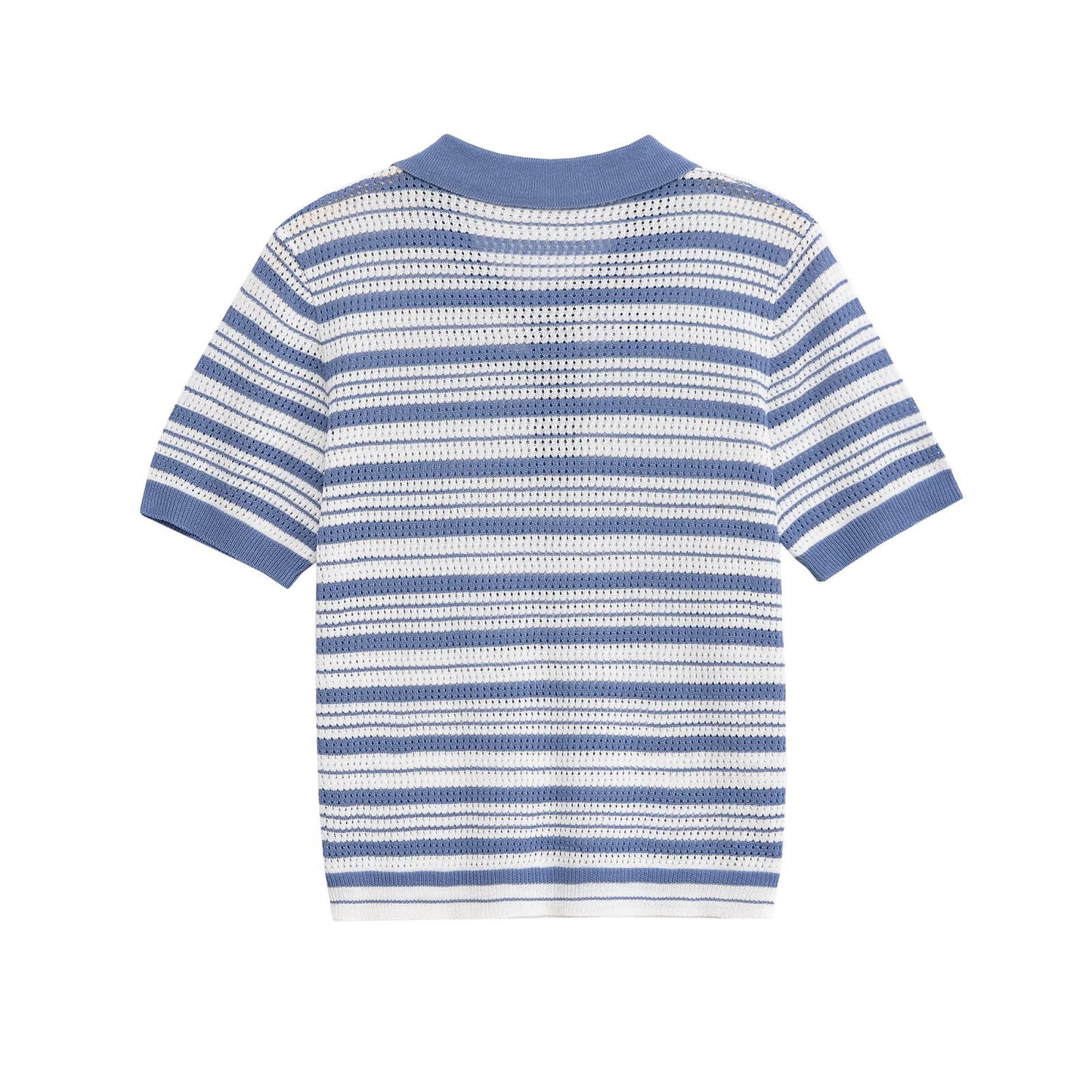 Daisy | Light Blue Breathable Crochet Knit Striped Polo Top