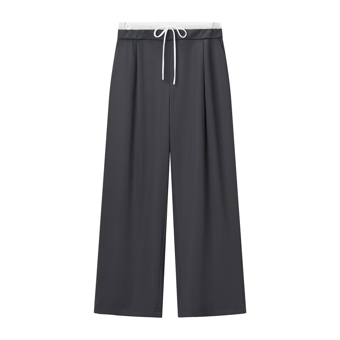 Rosie | Drawstring Pleat-Front Jersey Wide-Leg Trousers with Contrast Waistband