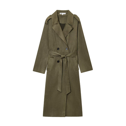 Ada | Elegant Longline Belted Coat Khaki Suede Effect