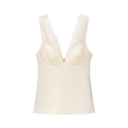 Fern | Elegant Lace Satin Cami Top Black V Neck Sleeveless