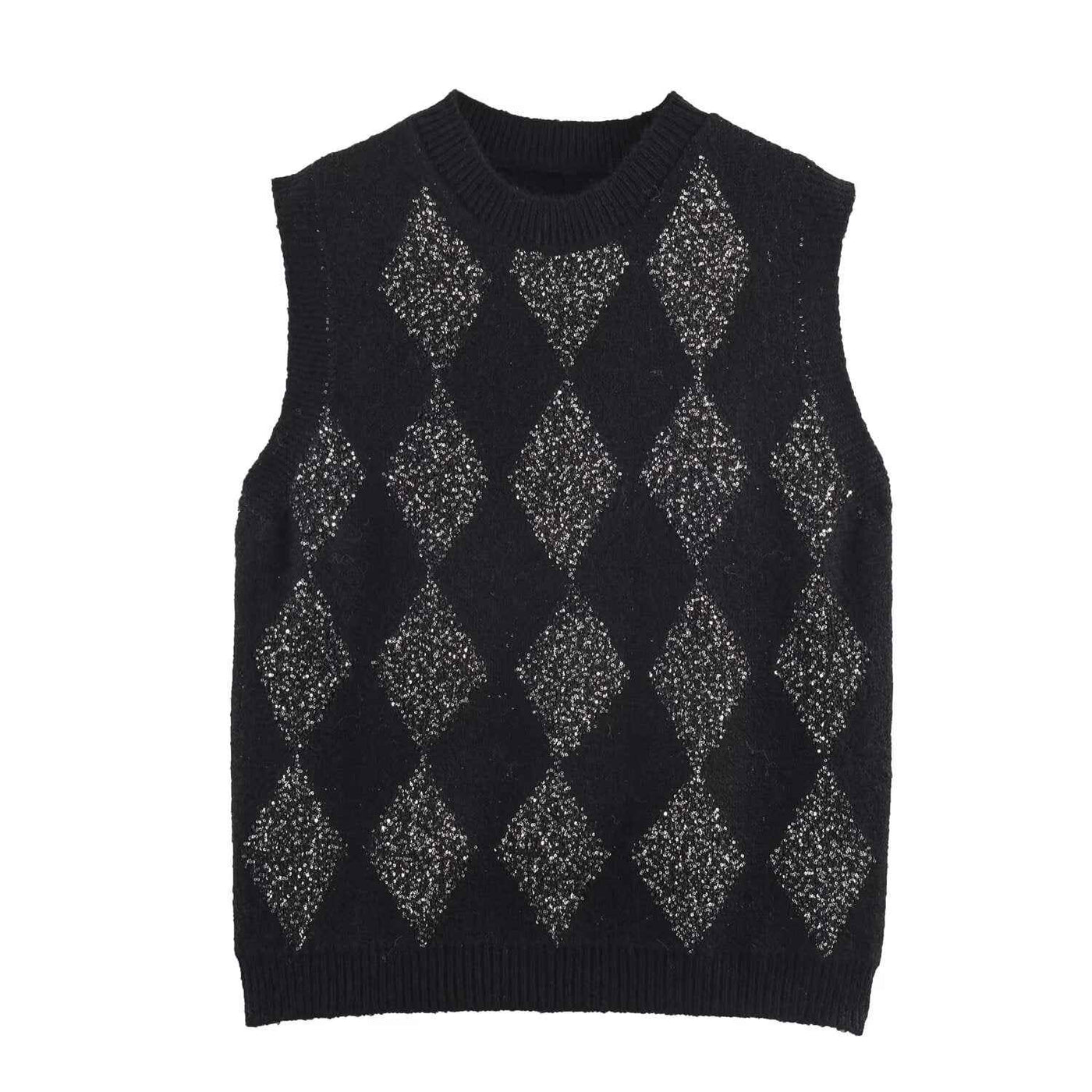 Nola | Vest Top Grey Knitted Argyle Sleeveless Rhinestone