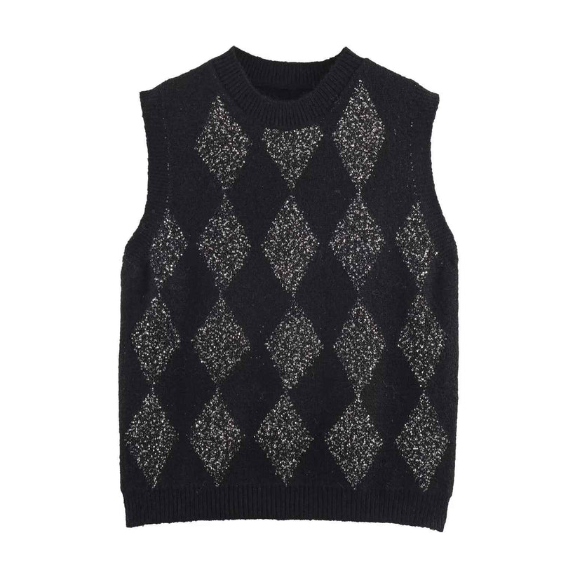 Nola | Vest Top Grey Knitted Argyle Sleeveless Rhinestone