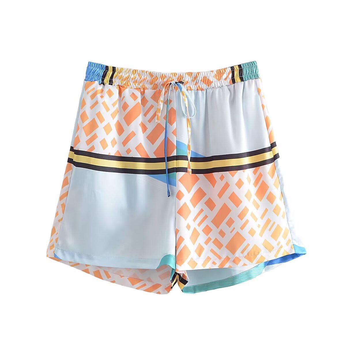 Ivy | Summer Satin Shorts Light Blue Orange Geometric Print Drawstring