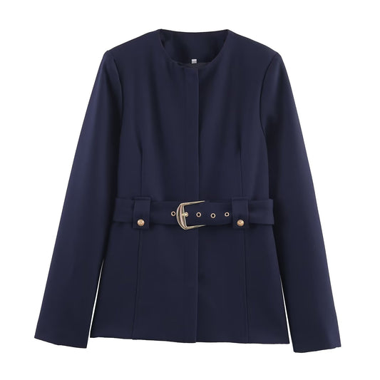 Aria | Smart Casual Blazer Navy Long Sleeve Belted Collarless Tailored