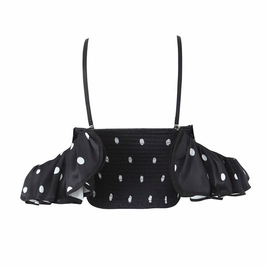 Celeste | Off Shoulder Top Black Satin Crop Polka Dot Ruched
