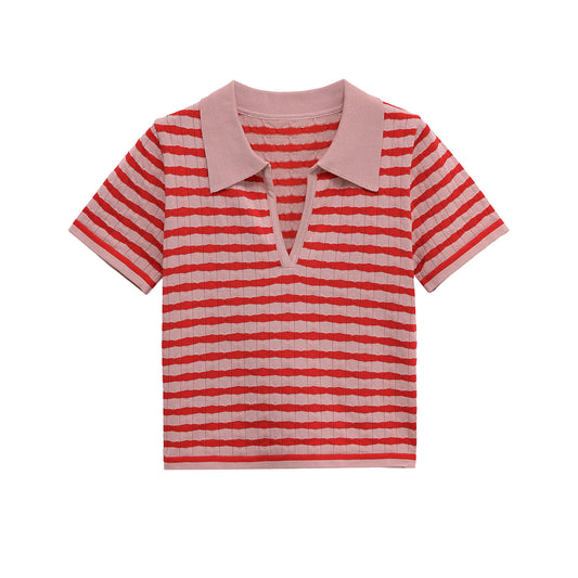 Phoebe | Flattering Ribbed Knit Striped Polo Top