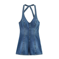 Nell | Deep V Halter Neck Contoured Panel Fitted Denim Shorts Romper in Blue