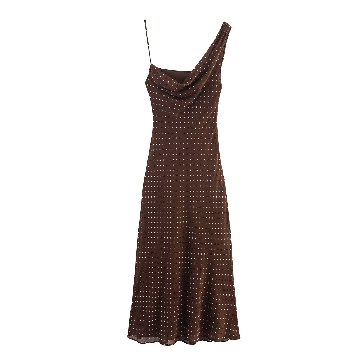 Rowan | Asymmetric Cowl Neck Spaghetti Strap Polka Dot Flowing Midi Dress