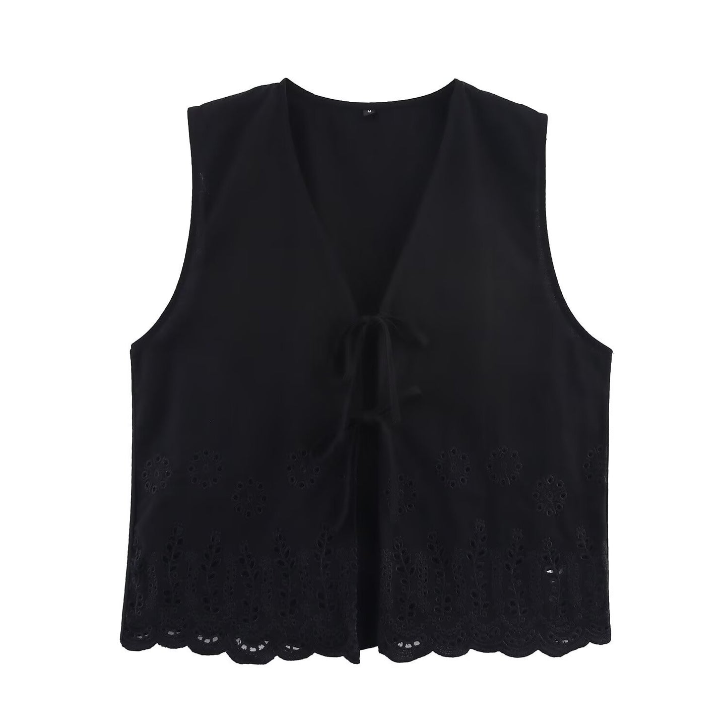Iris | Lace Blouse Black Sleeveless Tie Front Broderie Anglaise