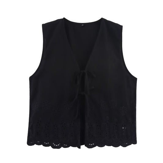 Iris | Lace Blouse Black Sleeveless Tie Front Broderie Anglaise