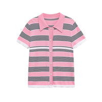 Zara | Striped Polo Knit Crop Top in Blue & Pink