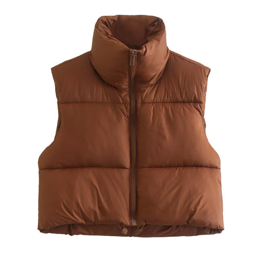 Darcy | Autumn Cropped Puffer Vest Brown Padded Sleeveless Quilted