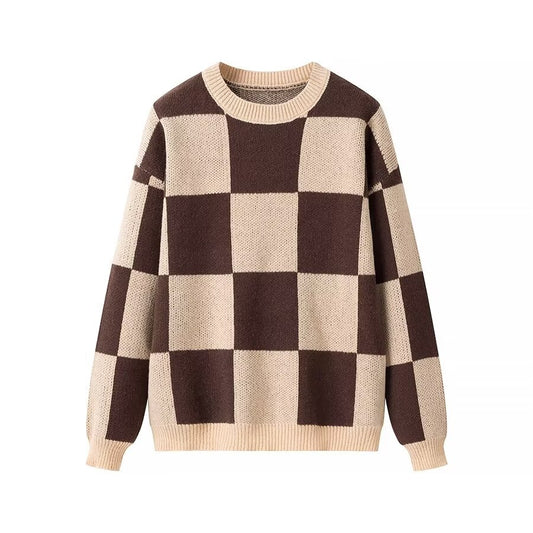 Fleur | Knitted Sweater Check Brown Cream Crew Neck